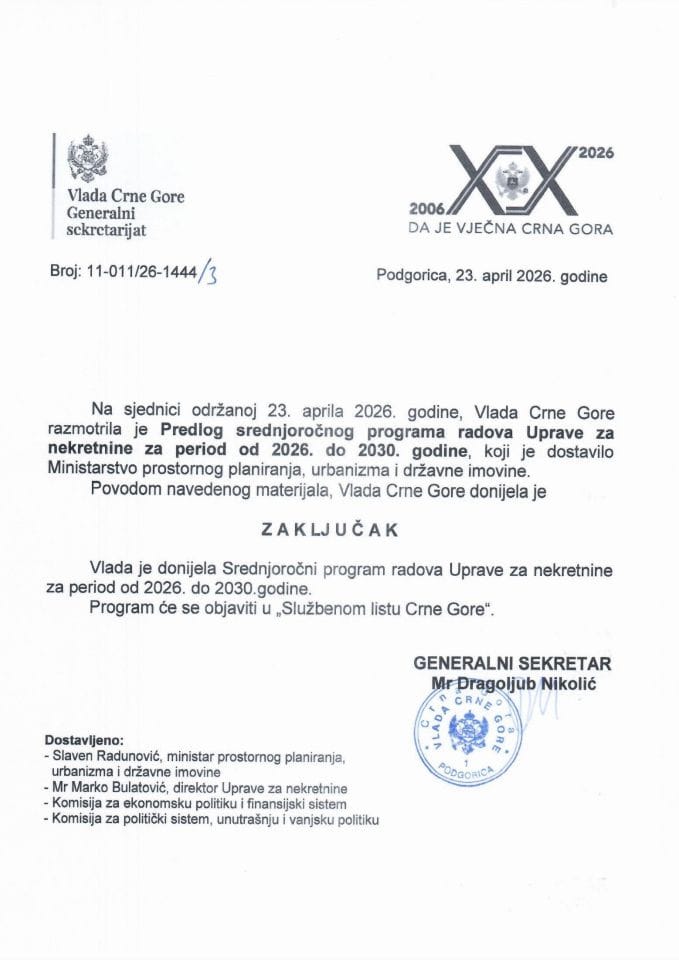 Predlog srednjoročnog programa radova Uprave za nekretnine za period od 2026. do 2030. godine - zaključci