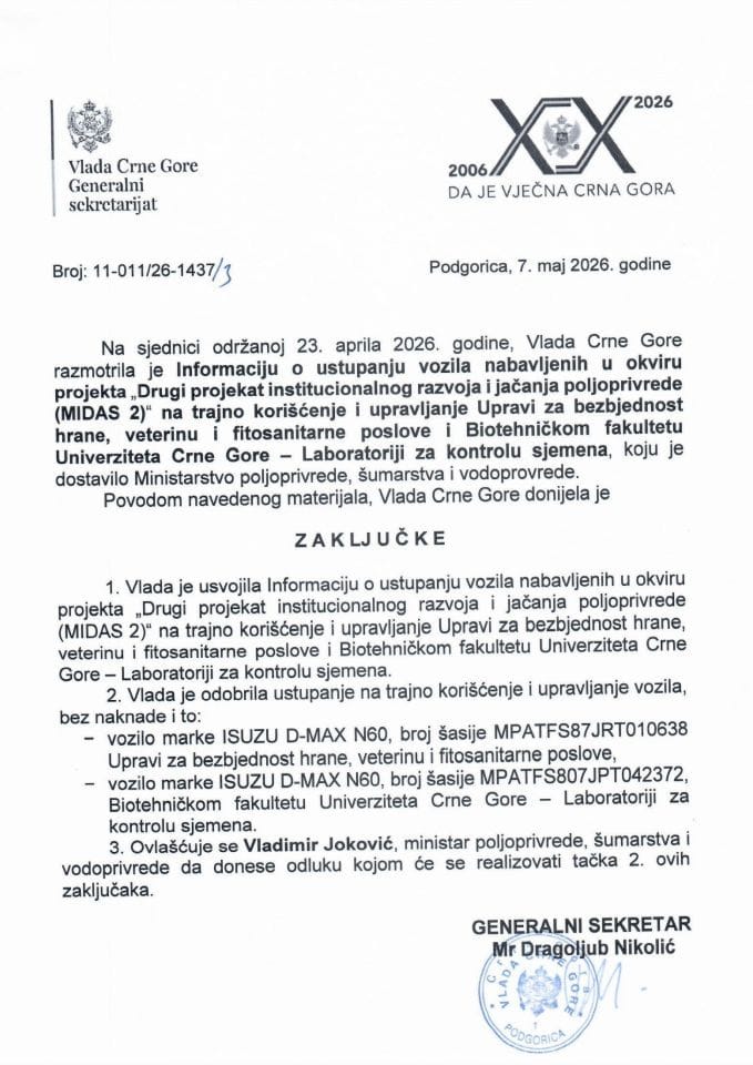 Informacija o ustupanju vozila nabavljenih u okviru projekta „Drugi projekat institucionalnog razvoja i jačanja poljoprivrede (MIDAS 2)“ na trajno korišćenje i upravljanje Upravi za bezbjednost hrane, veterinu i fitosanitarne poslove - zaključci