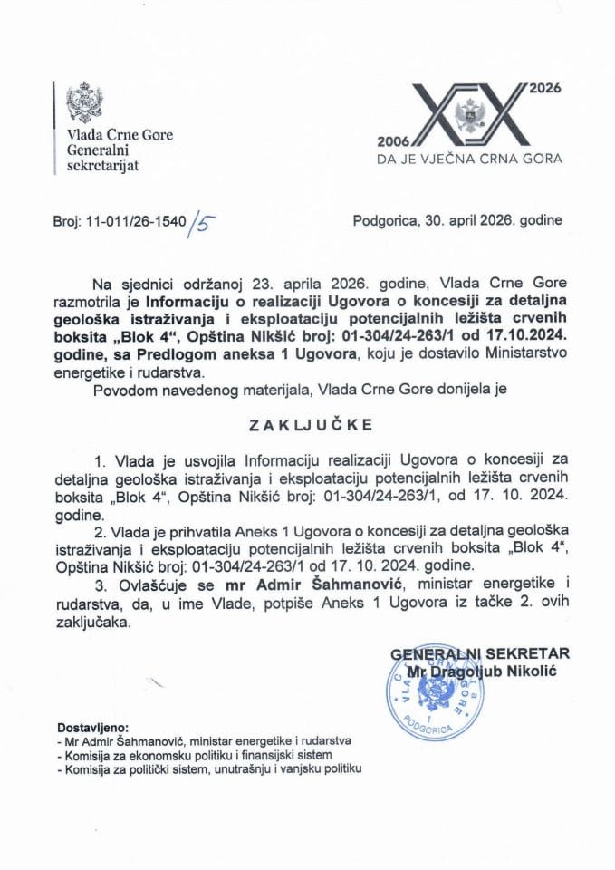 Informacija o realizaciji Ugovora o koncesiji za detaljna geološka istraživanja i eksploataciju potencijalnih ležišta crvenih boksita „Blok 4“, Opština Nikšić broj: 01-304/24-263/1 od 17.10.2024. godine, sa Predlogom aneksa 1 Ugovora - zaključci