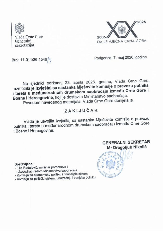 Izvještaj sa sastanka Mješovite komisije o prevozu putnika i tereta u međunarodnom drumskom saobraćaju između Crne Gore i Bosne i Hercegovine - zaključci