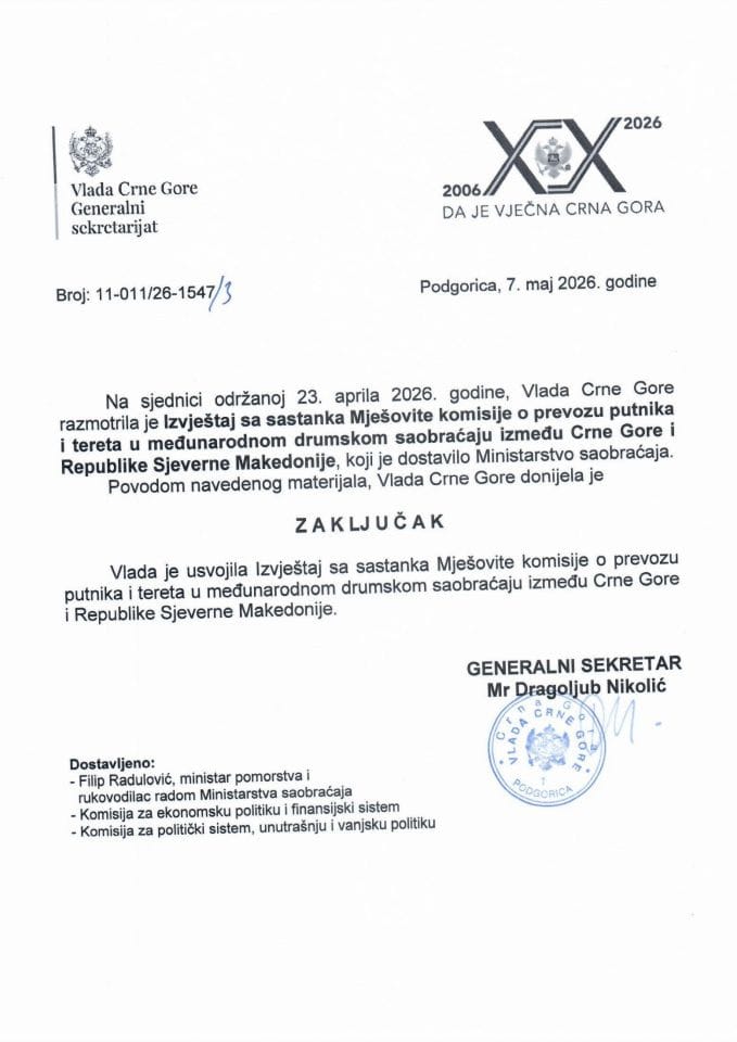 Izvještaj sa sastanka Mješovite komisije o prevozu putnika i tereta u međunarodnom drumskom saobraćaju između Crne Gore i Republike Sjeverne Makedonije - zaključci