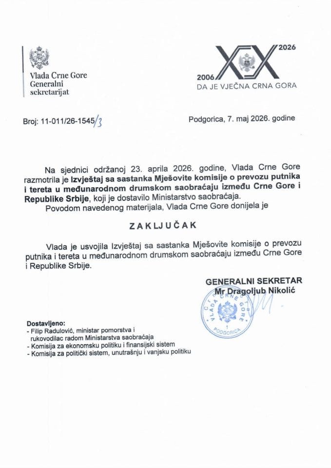 Izvještaj sa sastanka Mješovite komisije o prevozu putnika i tereta u međunarodnom drumskom saobraćaju između Crne Gore i Republike Srbije - zaključci