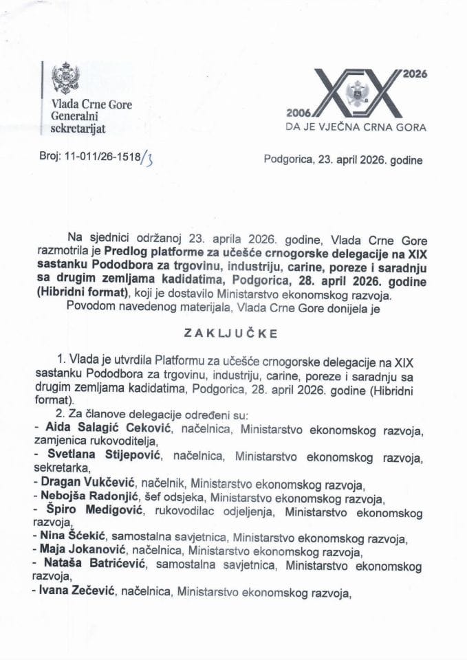 Predlog platforme za učešće crnogorske delegacije na XIX sastanku Pododbora za trgovinu, industriju, carine, poreze i saradnju sa drugim zemljama kadidatima, Podgorica, 28. april 2026. godine (Hibridni format) - zaključci