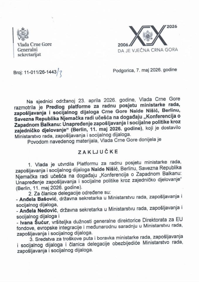Predlog platforme za radnu posjetu ministarke rada, zapošljavanja i socijalnog dijaloga Naide Nišić, Berlinu, radi učešća na događaju „Konferencija o Zapadnom Balkanu: Unapređenje zapošljavanja i socijalne politike kroz zajedničko djelovanje“ - zaključci