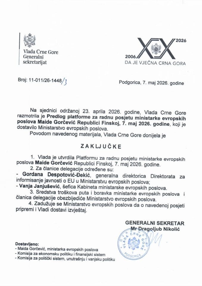 Predlog platforme za radnu posjetu ministarke evropskih poslova Maide Gorčević Republici Finskoj, 7. maj 2026. godine - zaključci