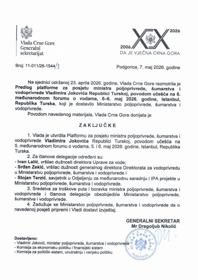 Predlog platforme za posjetu ministra poljoprivrede, šumarstva i vodoprivrede Vladimira Jokovića Republici Turskoj, povodom učešća na 5. međunarodnom forumu o vodama, 5–6. maj 2026. godine, Istanbul, Republika Turska - zaključci