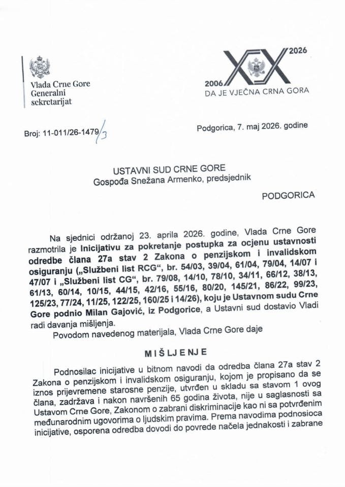 Predlog mišljenja na Inicijativu za pokretanje postupka za ocjenu ustavnosti odredbe člana 27a stav 2 Zakona o penzijskom i invalidskom osiguranju koju je podnio Milan Gajović, iz Podgorice - zaključci