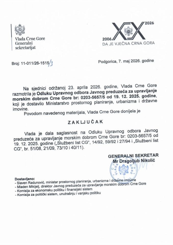 Odluka Upravnog odbora Javnog preduzeća za upravljanje morskim dobrom Crne Gore br: 0203-5657/5 od 19.12.2025. godine - zaključci