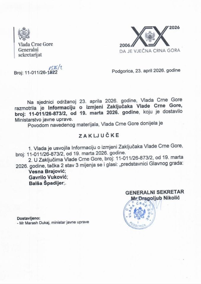 Infomacija o izmjeni Zaključaka Vlade Crne Gore, broj: 11-011/26-873/2, od 19. marta 2026. godine - zaključci