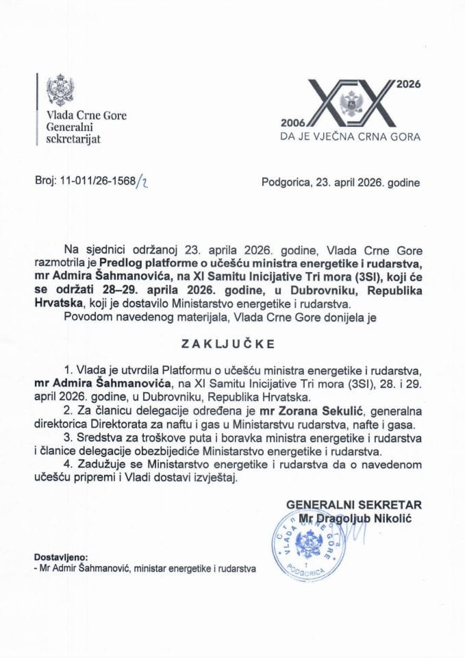 Predlog platforme o učešću ministra energetike i rudarstva, mr Admira Šahmanovića, na XI Samitu Inicijative Tri mora (3SI), koji će se održati 28 - 29. aprila 2026. godine, u Dubrovniku, Republika Hrvatska - zaključci