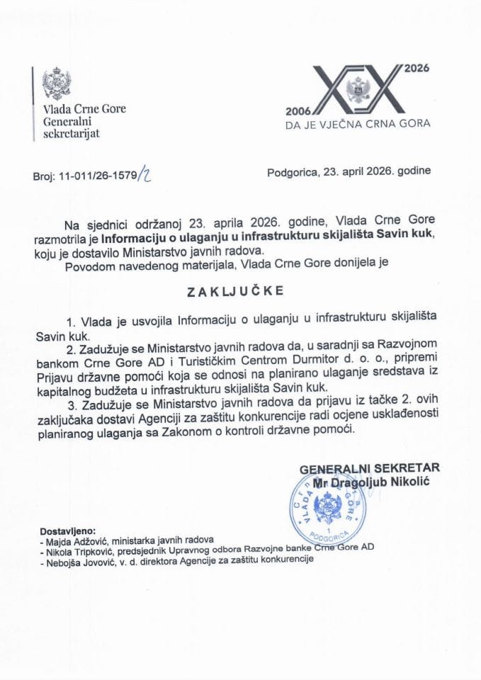 Informacija o ulaganju u infrastrukturu skijališta Savin kuk - zaključci