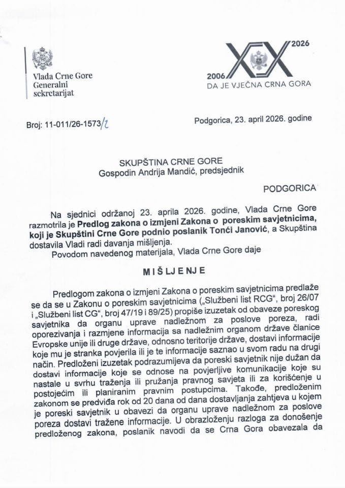 Predlog mišljenja na Predlog zakona o izmjeni Zakona o poreskim savjetnicima (predlagač poslanik Tonći Janović) - zaključci