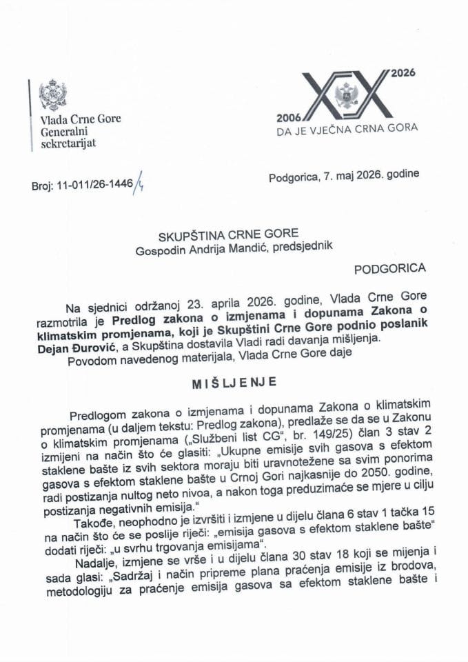 Predlog mišljenja na Predlog zakona o izmjenama i dopunama Zakona o klimatskim promjenama (predlagač poslanik dr Dejan Đurović) - zaključci
