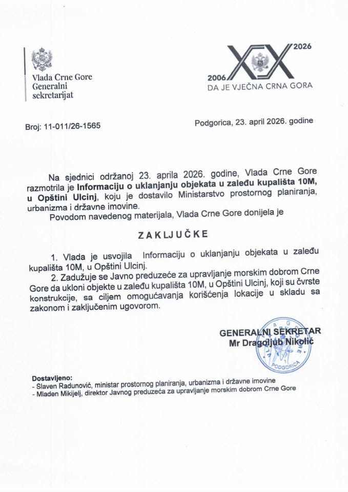 Informacija o uklanjanju objekata u zaleđu kupališta 10 m, u Opštini Ulcinj - zaključci