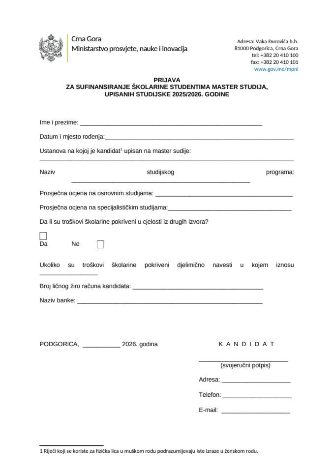 Formular za master 2026