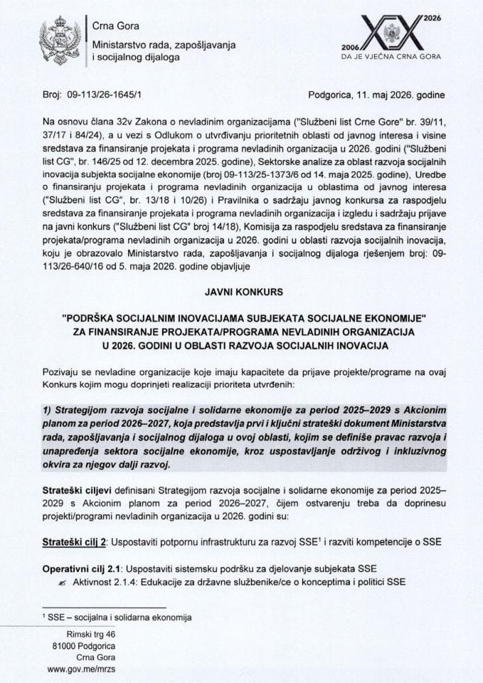 Javni konkurs 2026 - razvoj socijalnih inovacija