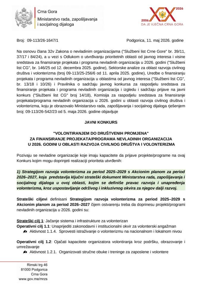 Javni konkurs za 2026 - razvoj civilnog društva i volonterizma