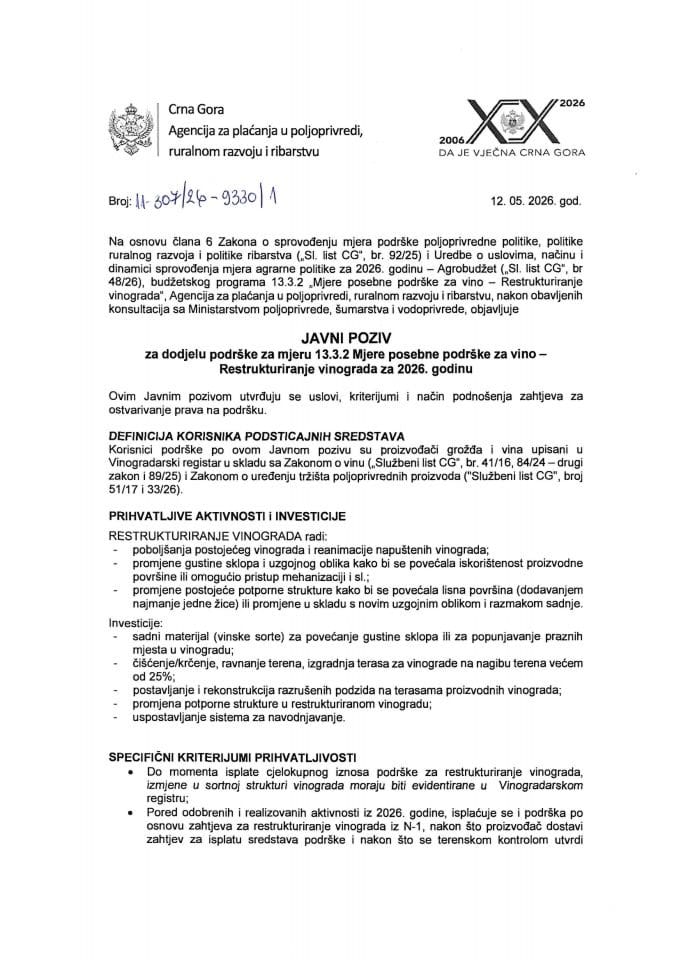 Javni poziv za dodjelu podrške za mjeru 13.3.2 Mjere posebne podrške za vino, Restrukturiranje vinograda za 2026. godinu