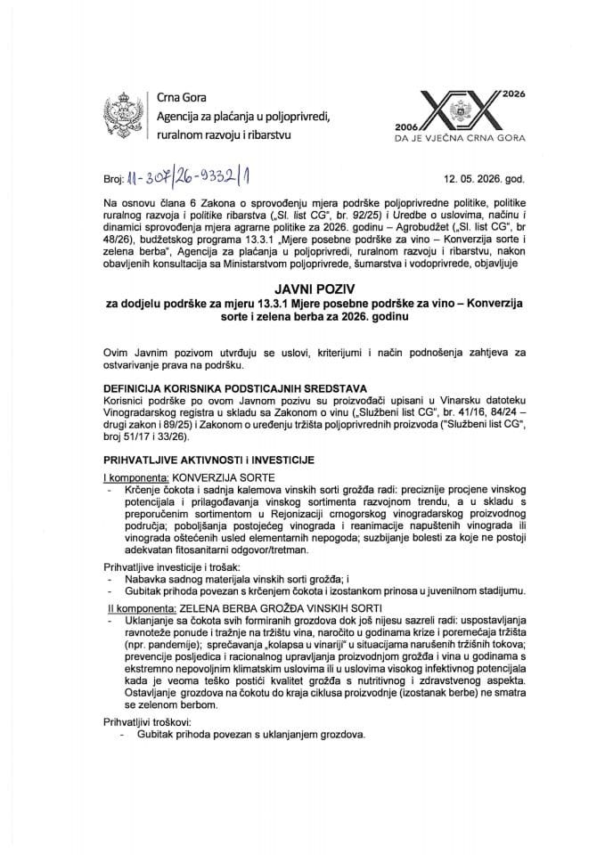 Javni poziv za dodjelu podrške za mjeru 13.3.1 Mjere posebne podrške za vino, Konverzija sorte i zelena berba za 2026. godinu