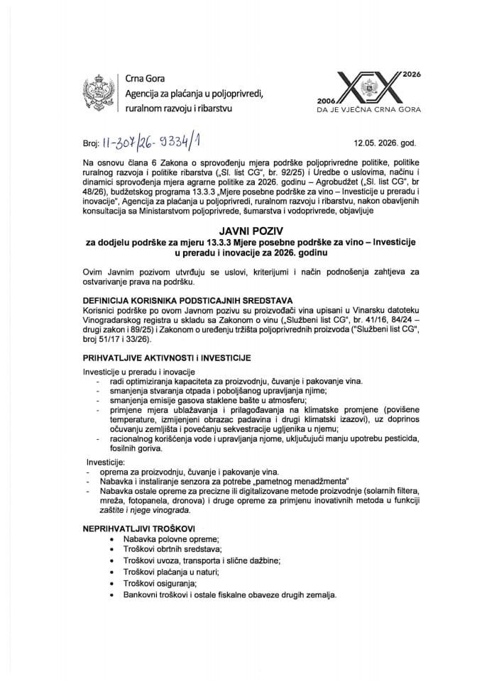 Javni poziv za dodjelu podrške za mjeru 13.3.3 Mjere posebne podrške za vino, Investicije u preradu i inovacije za 2026. godinu