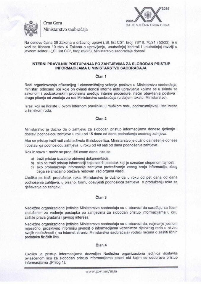 Interni pravilnik postupanja po zahtjevima za slobodan pristup informacijama u Minsistartvu saobraćaja