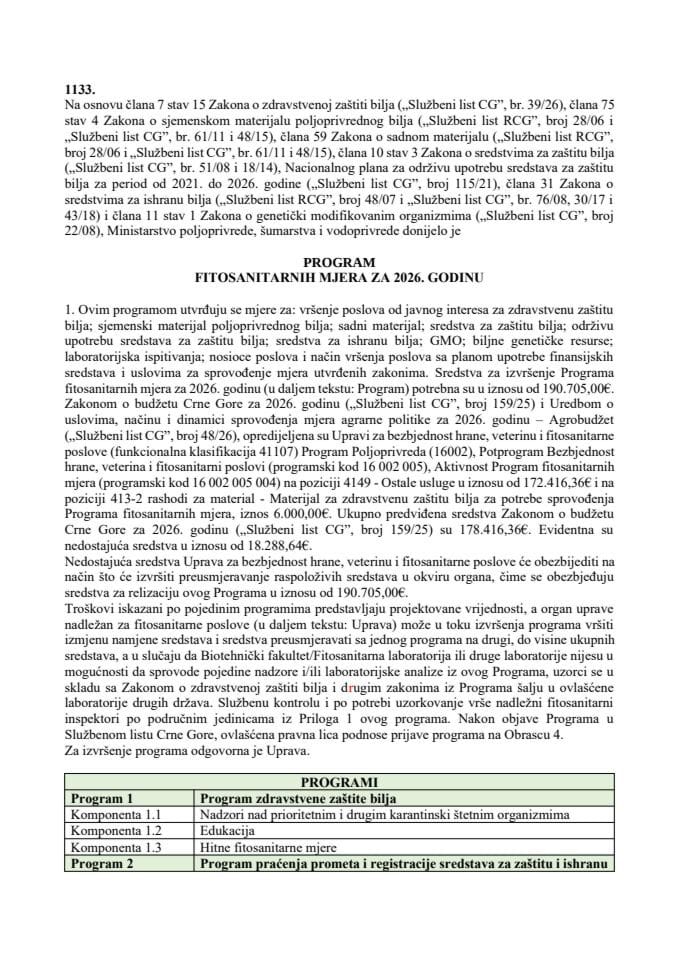Program fitosanitarnih mjera za 2026. godinu