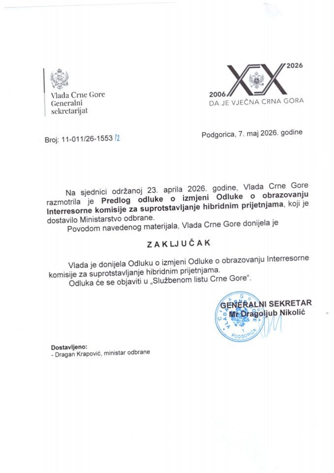 Predlog odluke o izmjeni Odluke o obrazovanju Interresorne komisije za suprotstavljanje hibridnim prijetnjama - Zaključci