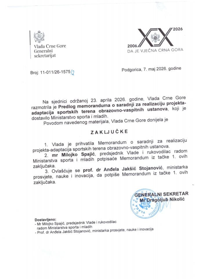 Predlog memoranduma o saradnji za realizaciju projekta - adaptacija sportskih terena obrazovno-vaspitnih ustanova - Zaključci
