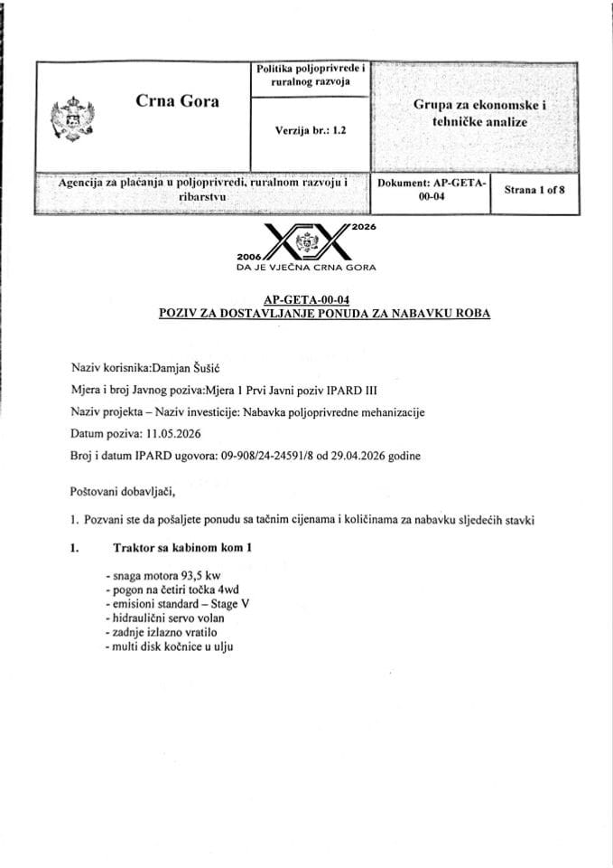 Poziv za dostavljanje ponuda - Šušić Damjan