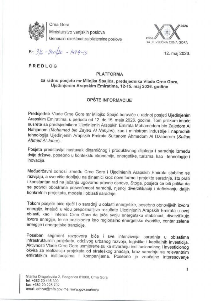 Predlog platforme za radnu posjetu mr Milojka Spajića, predsjednika Vlade Crne Gore, Ujedinjenim Arapskim Emiratima, 12-15. maj 2026. godine
