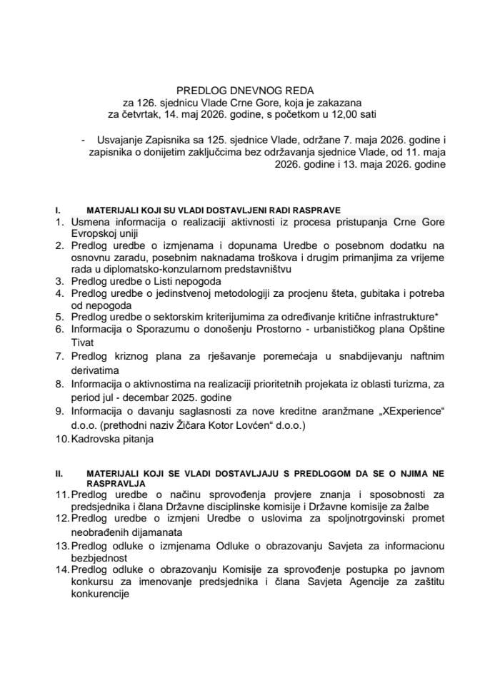 Predlog dnevnog reda za 126. sjednicu Vlade Crne Gore