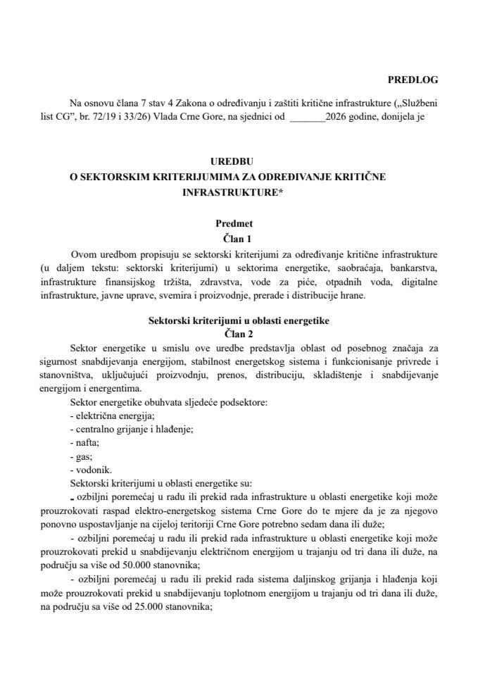 Predlog uredbe o sektorskim kriterijumima za određivanje kritične infrastrukture