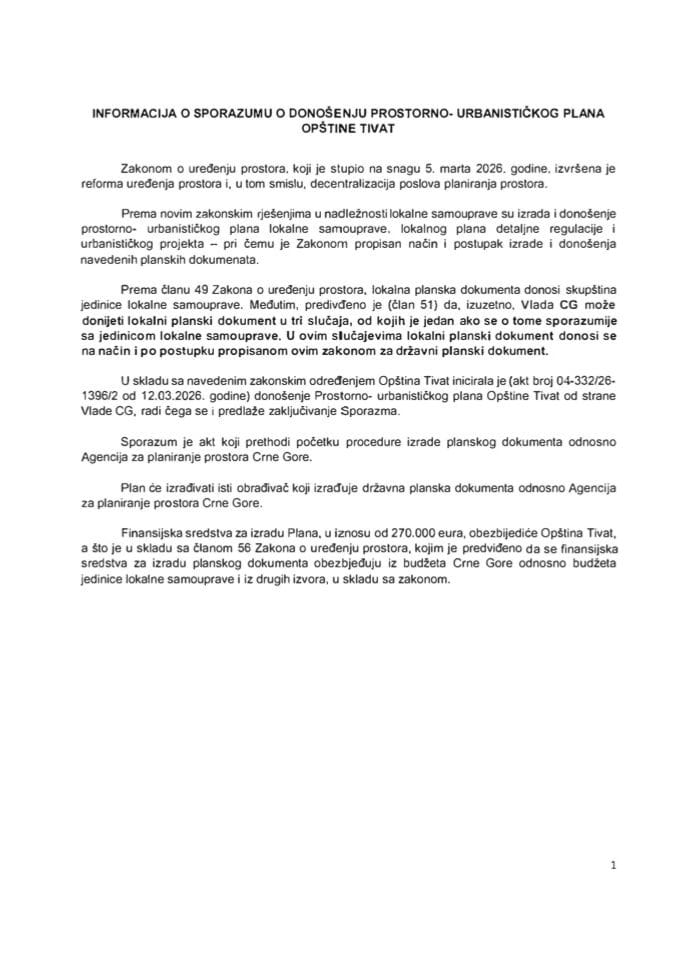 Informacija o Sporazumu o donošenju Prostorno - urbanističkog plana Opštine Tivat