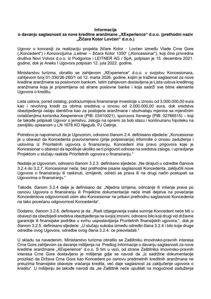 Informacija o davanju saglasnosti za nove kreditne aranžmane „XExperience“ d.o.o. (prethodni naziv Žičara Kotor Lovćen“ d.o.o.)