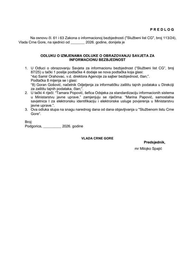 Predlog odluke o izmjenama Odluke o obrazovanju Savjeta za informacionu bezbjednost