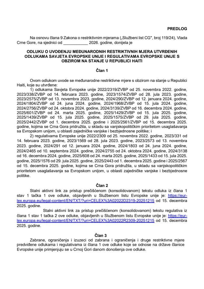 Predlog odluke o uvođenju međunarodnih restriktivnih mjera utvrđenih odlukama Savjeta Evropske unije i regulativama Evropske unije s obzirom na stanje u Republici Haiti