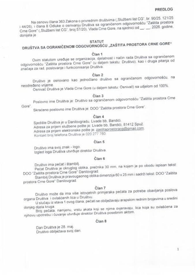 Predlog statuta Društva sa ograničenom odgovornošću „Zaštita prostora Crne Gore“