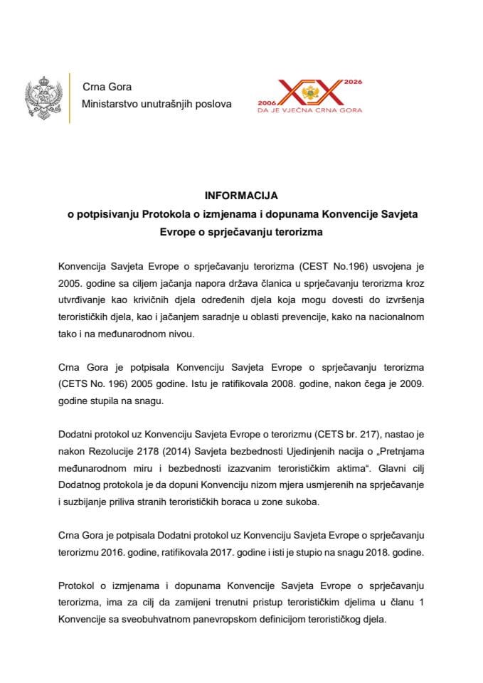 Informacija o potpisivanju Protokola o izmjenama i dopunama Konvencije Savjeta Evrope o sprječavanju terorizma