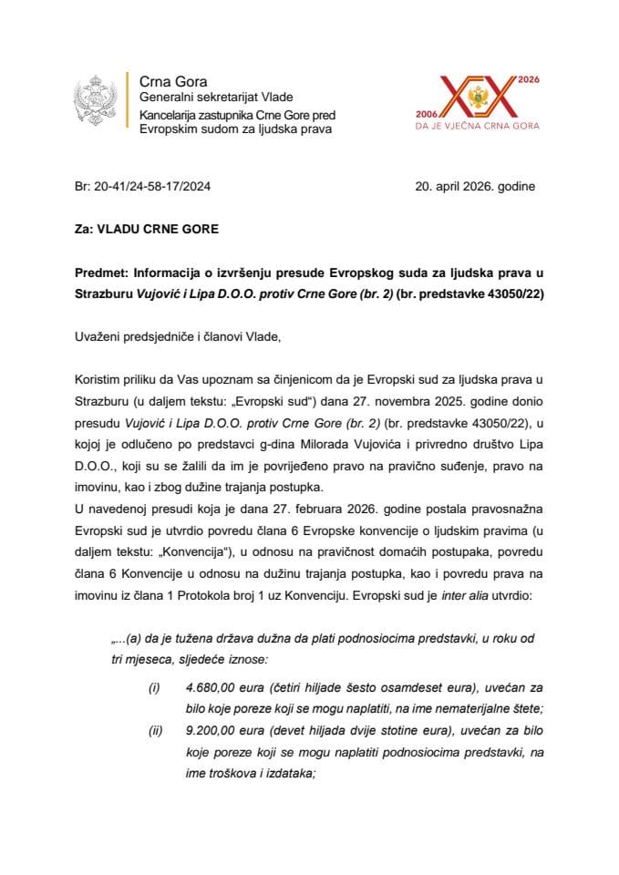 Informacija o izvršenju presude Evropskog suda za ljudska prava u Strazburu Vujović i Lipa D.O.O. protiv Crne Gore (br. 2) (br. predstavke 43050/22)