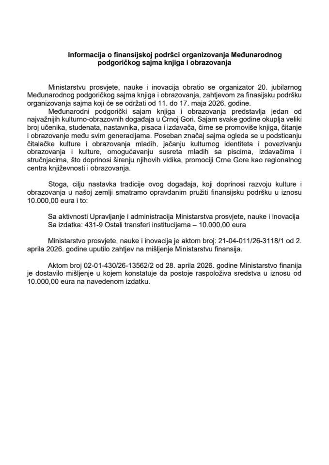 Informacija o finansijskoj podršci organizovanja Međunarodnog podgoričkog sajma knjiga i obrazovanja