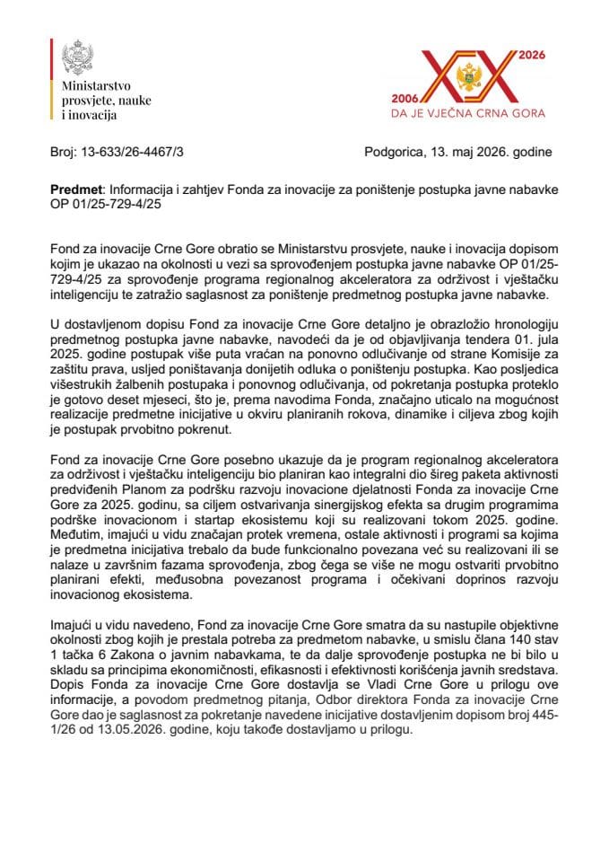 Informacija i zahtjev Fonda za inovacije za poništenje postupka javne nabavke OP 01/25-729-4/25