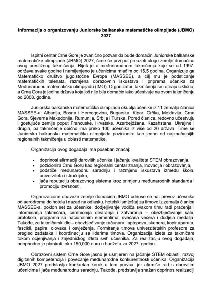 Informacija o organizovanju Juniorske balkanske matematičke olimpijade (JBMO) 2027