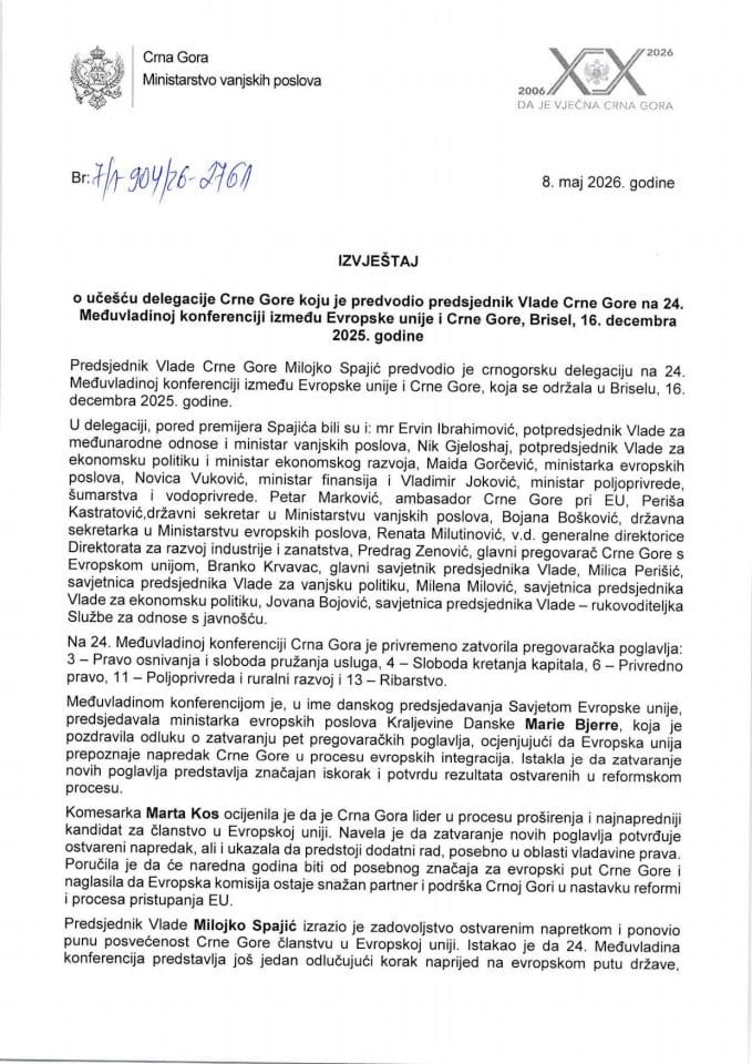Izvještaj o učešću delegacije Crne Gore koju je predvodio predsjednik Vlade Crne Gore na 24. Međuvladinoj konferenciji između Evropske unije i Crne Gore, Brisel, 16. decembra 2025. godine
