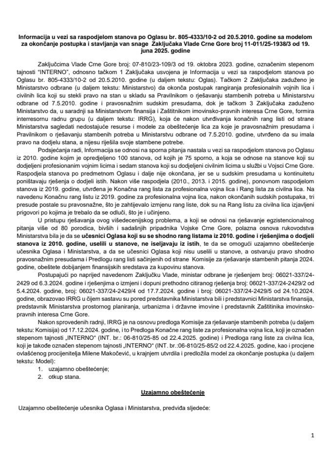 Informacija u vezi sa raspodjelom stanova po Oglasu br. 805-4333/10-2 od 20.5.2010. godine sa modelom za okončanje postupka i stavljanja van snage Zaključaka Vlade Crne Gore broj 11- 011/25-1938/3 od 19.6.2025. godine