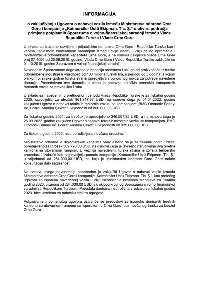 Informacija o zaključivanju Ugovora o nabavci vozila između Ministarstva odbrane Crne Gore i kompanije „Katmerciler Üstü Ekipman. Tic. Ş.“