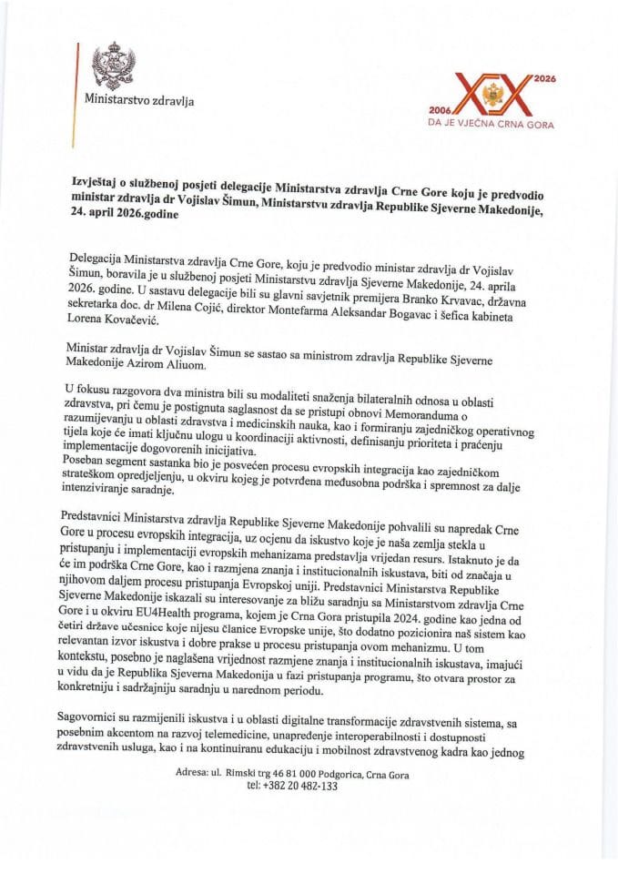Izvještaj o službenoj posjeti delegacije Ministarstva zdravlja Crne Gore koju je predvodio ministar zdravlja dr Vojislav Šimun, Ministarstvu zdravlja Republike Sjeverne Makedonije, 24. april 2026. godine