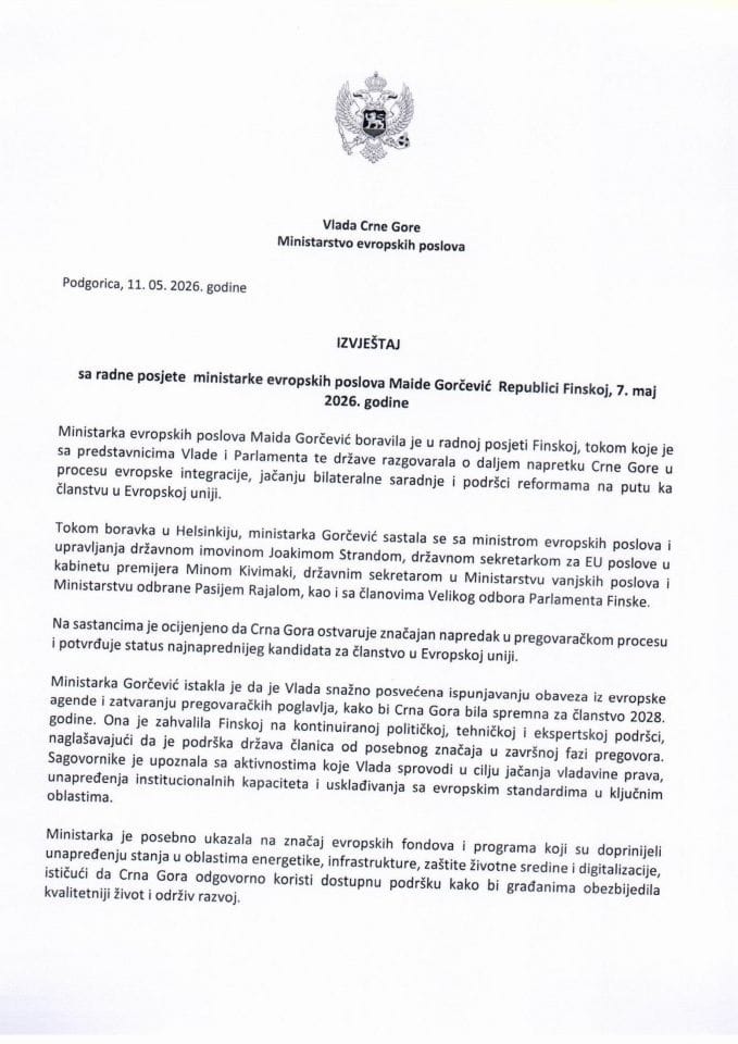 Izvještaj sa radne posjete ministarke evropskih poslova Maide Gorčević Republici Finskoj, 7. maj 2026. godine