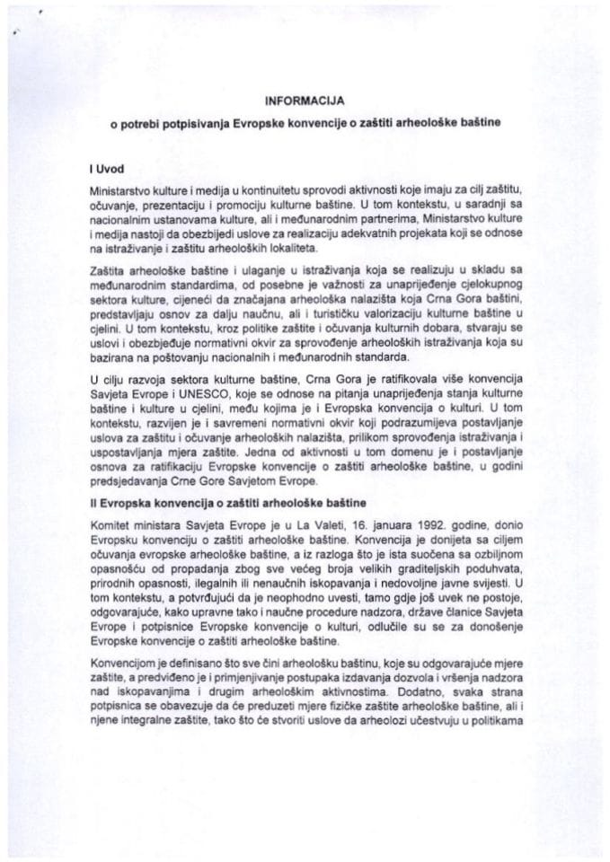 Informacija o potrebi potpisivanja Evropske konvencije o zaštiti arheološke baštine