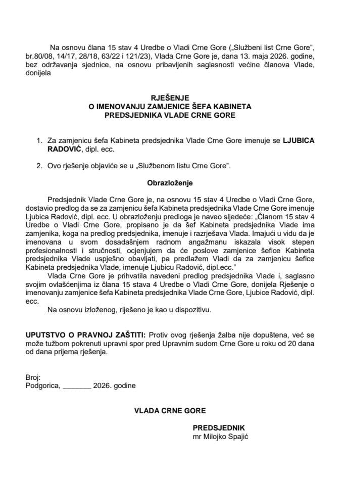 Predlog za imenovanje zamjenice šefa Kabineta predsjednika Vlade Crne Gore
