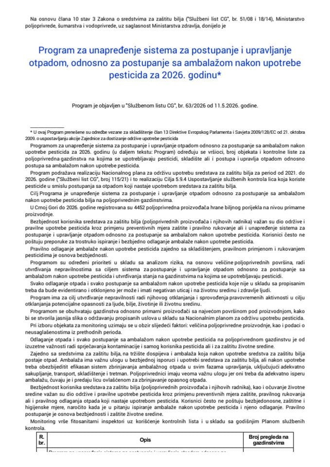 Program za unapređenje sistema za postupanje i upravljanje otpadom, odnosno za postupanje sa ambalažom nakon upotrebe pesticida za 2026. godinu